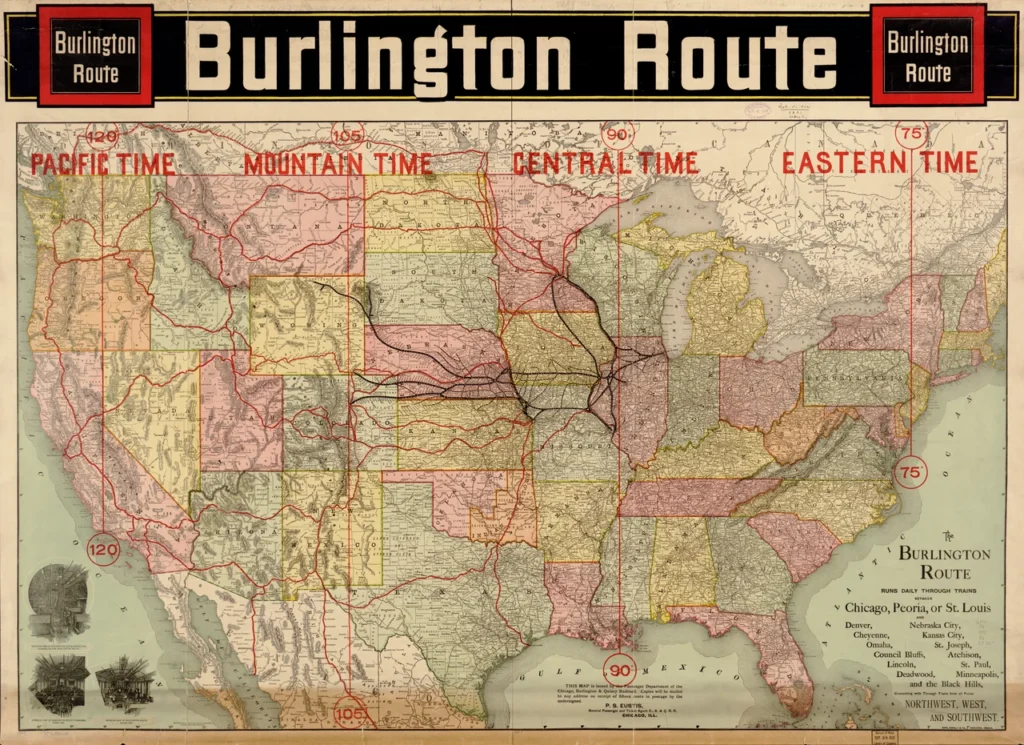 鉄道路線と標準時間帯が記載された1892年の北米地図