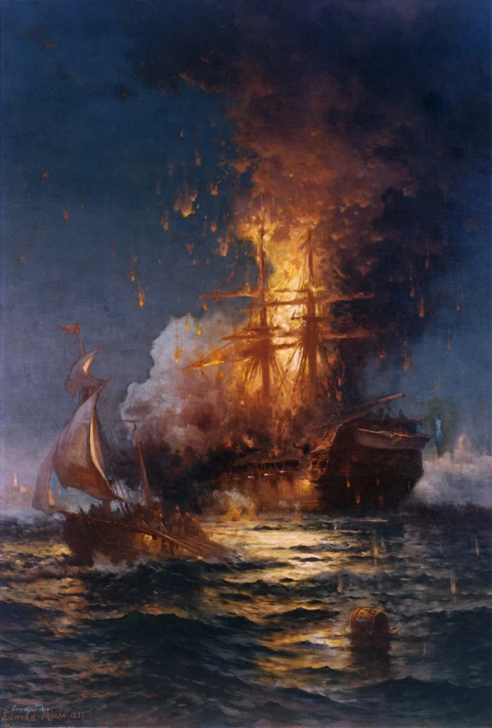 トリポリ港で炎上するフリゲート艦フィラデルフィアを描いた絵画