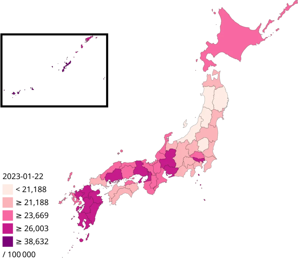 日本の都道府県別COVID-19確認例数を示す地図