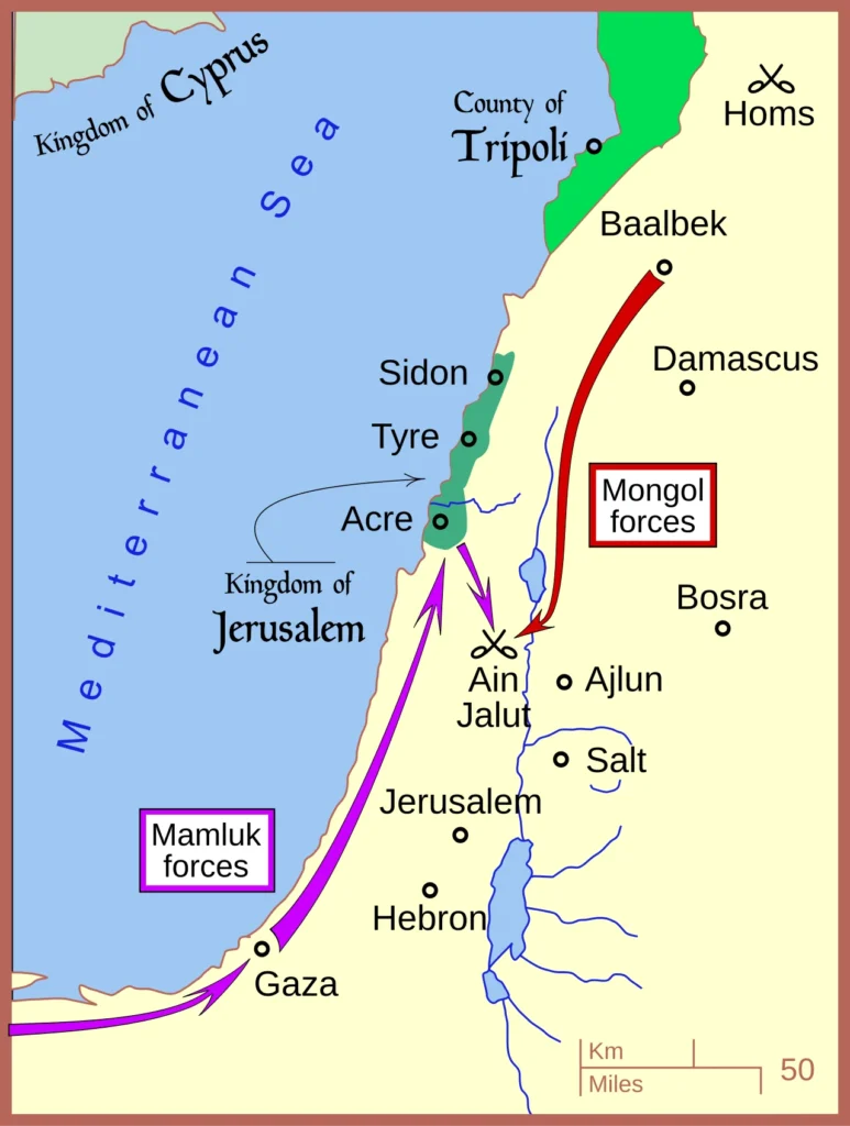 アイン・ジャールートの戦いに至るモンゴル軍とマムルーク軍の進路図