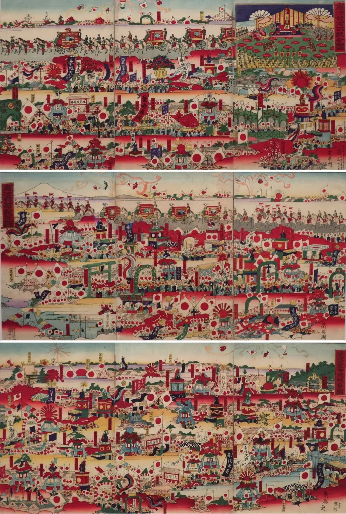 大日本帝国憲法発布を祝う様子を描いた錦絵
