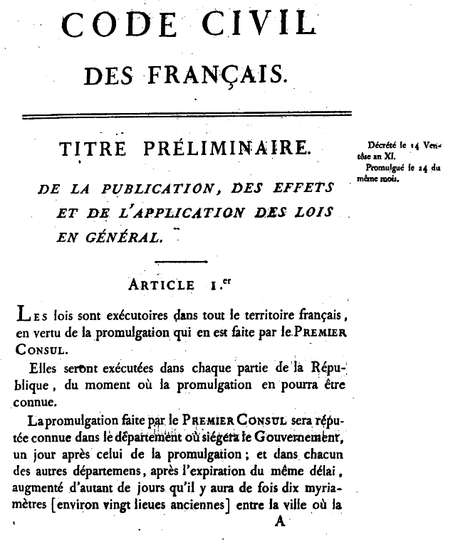 1804年に刊行されたフランス民法典の表紙