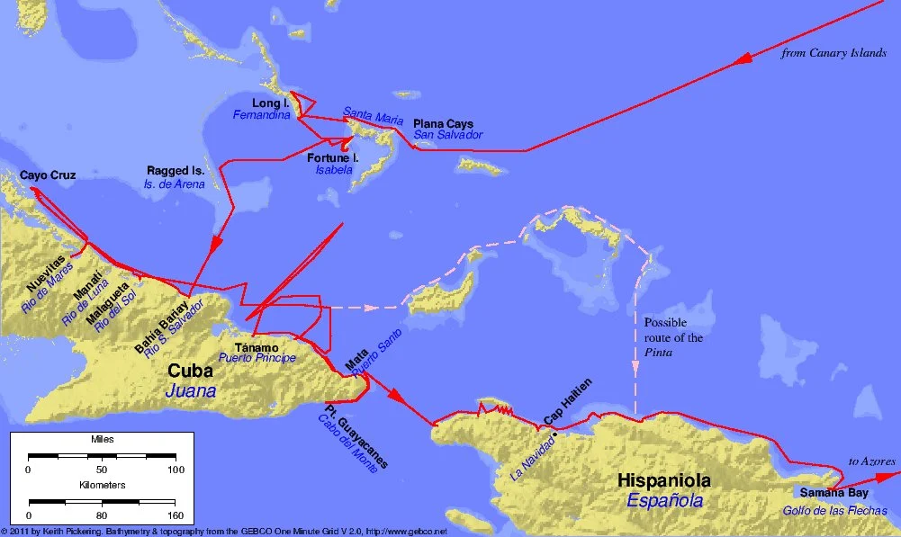 キューバを含むコロンブスの第1回航海の航路図