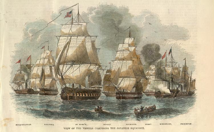 1854年に再来航したペリー艦隊を描いた図