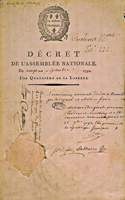 フランス国民公会による王政廃止の布告文書