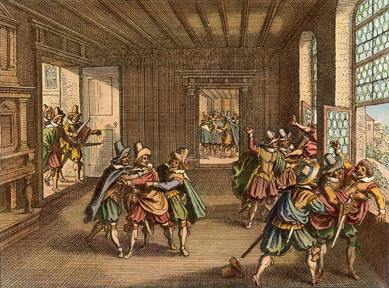 1618年のプラハ窓外投擲事件を描いた版画