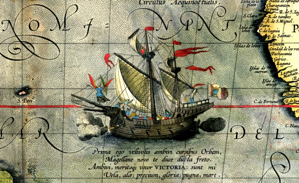 古地図に描かれたマゼラン艦隊のビクトリア号