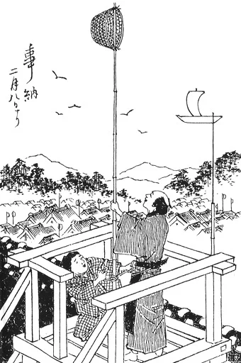 目籠を掲げる事納めの風習を描いた絵