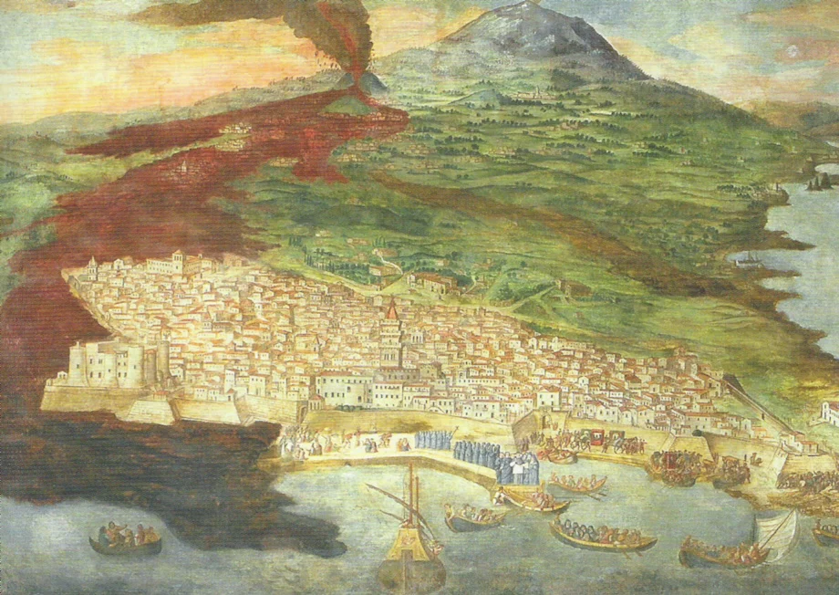 1669年のエトナ火山噴火でカターニアへ迫る溶岩を描いた絵
