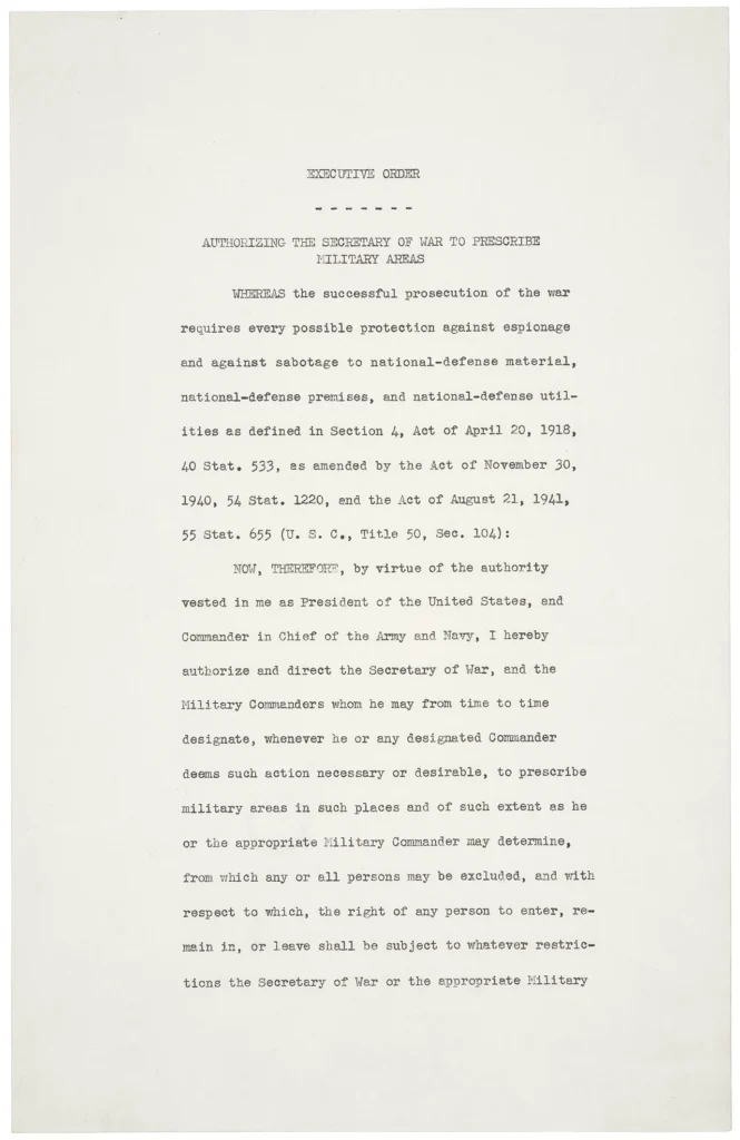 日系人の強制収容につながった大統領令9066号の文書
