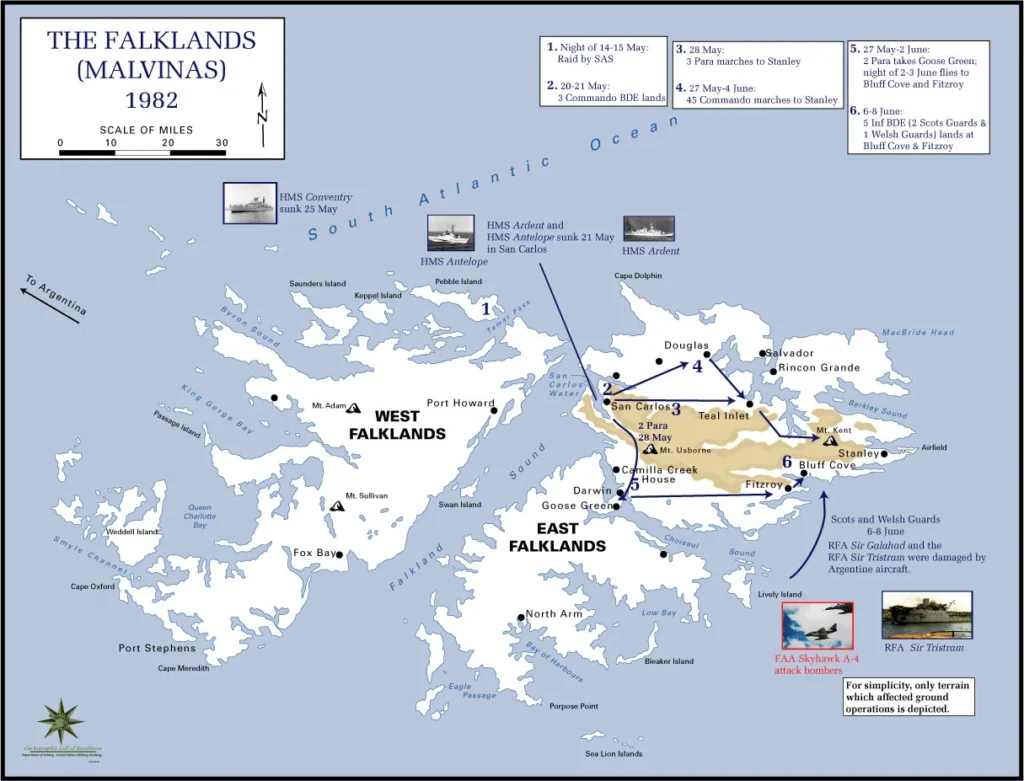 1982年のフォークランド紛争における部隊の動きを示した地図