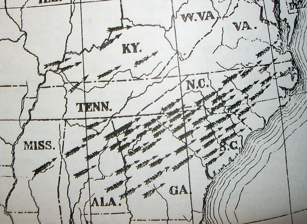 1884年2月19日に発生した竜巻群の経路図