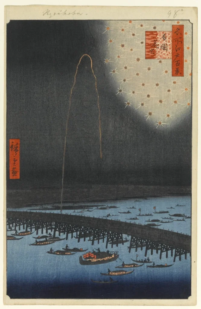 両国橋付近の花火と隅田川の舟を描いた浮世絵