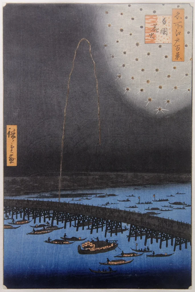 両国橋付近で打ち上げられる花火を描いた浮世絵