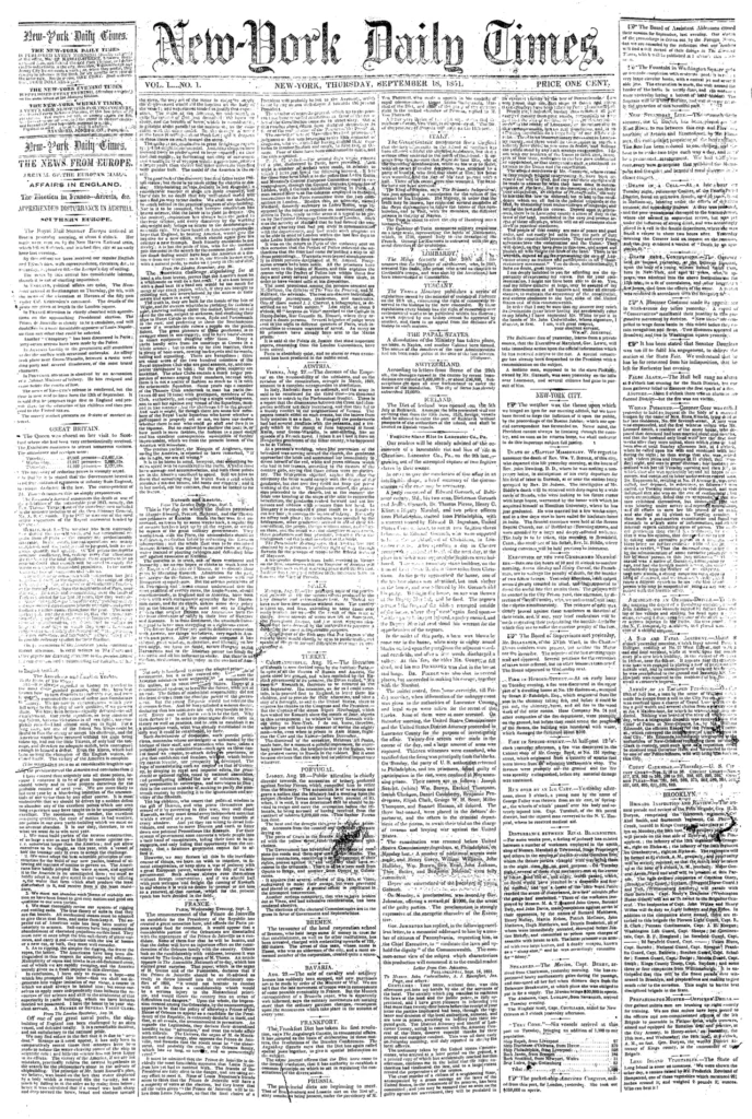 1851年9月18日付ニューヨーク・デイリー・タイムズ創刊号の一面
