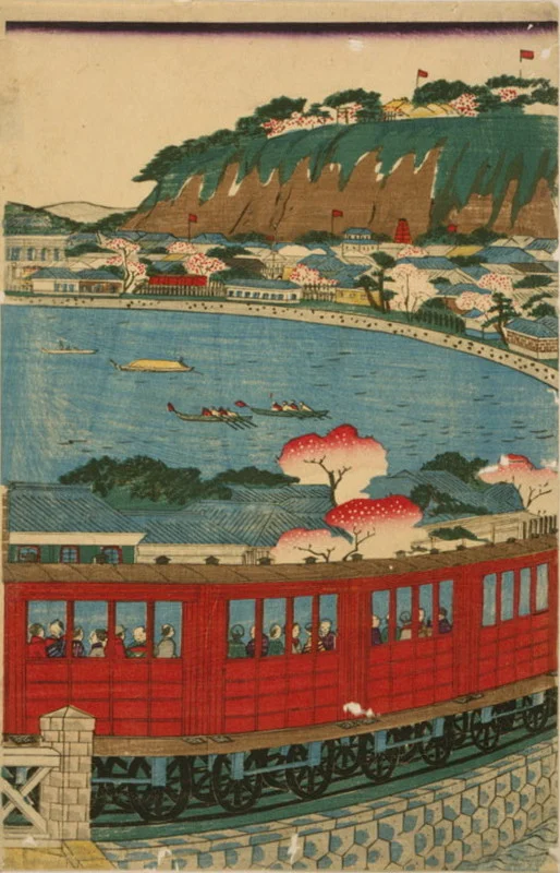 横浜から出発する日本初期の蒸気鉄道を描いた錦絵