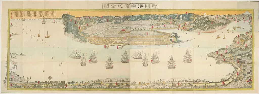 開港後の横浜港を描いた木版画の鳥瞰図