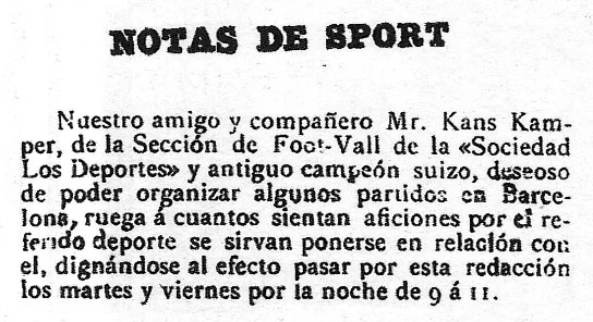 ジョアン・ガンペルがサッカー選手を募集した1899年の新聞広告