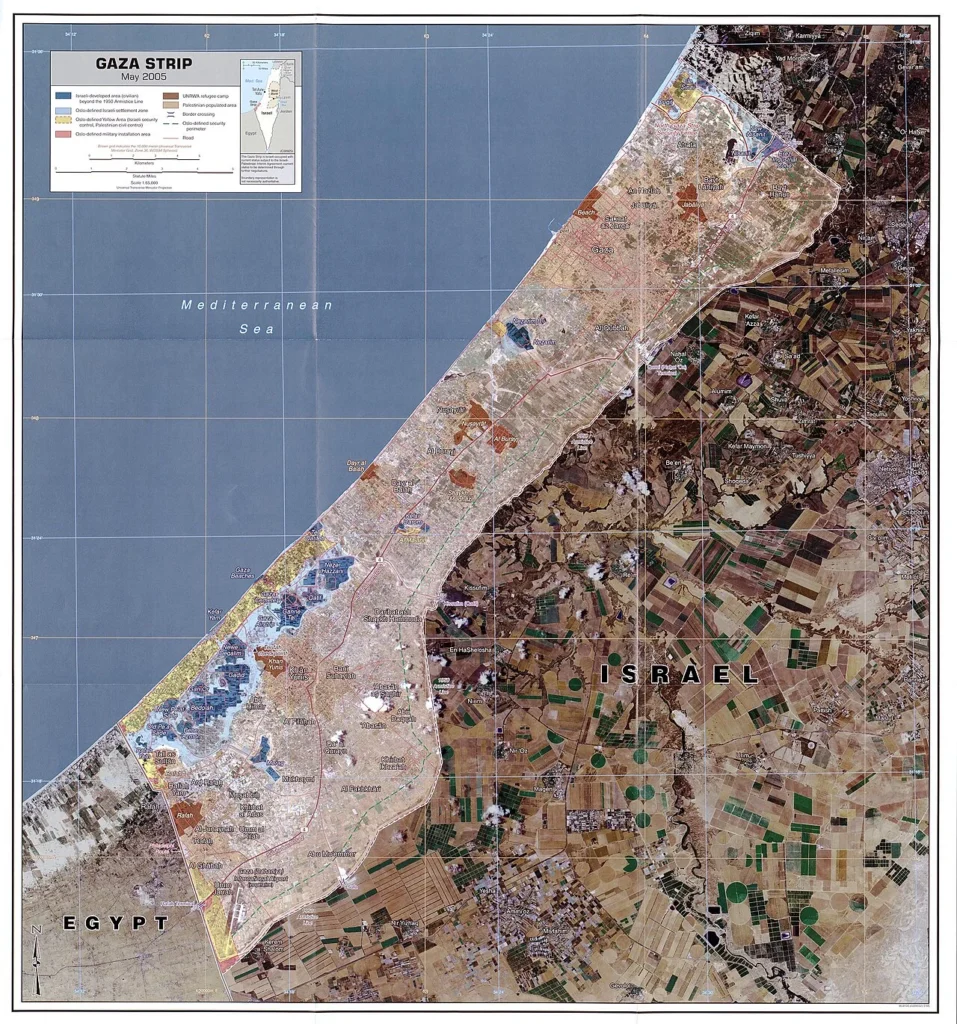 イスラエル撤退前の入植地を示した2005年のガザ地区地図