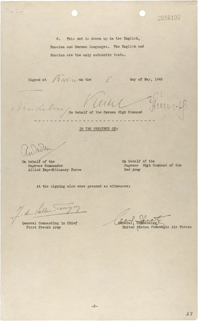 1945年5月8日にベルリンで署名されたドイツ降伏文書の署名ページ