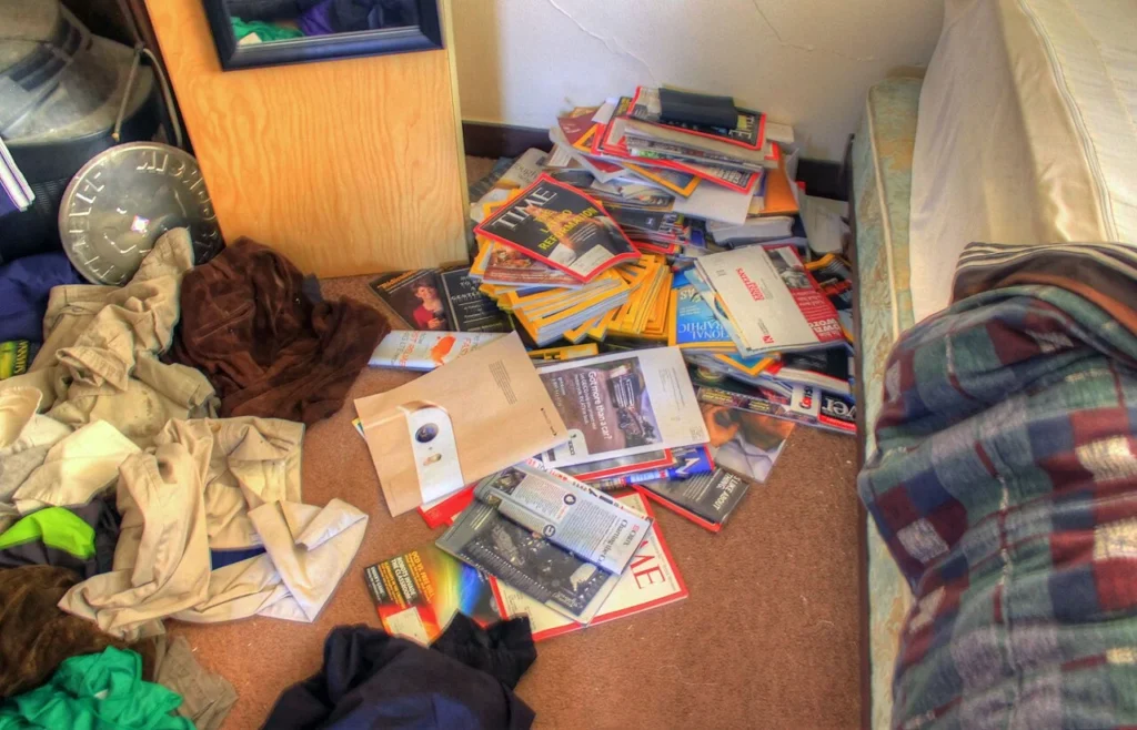 部屋に積み重ねられた雑誌と書籍