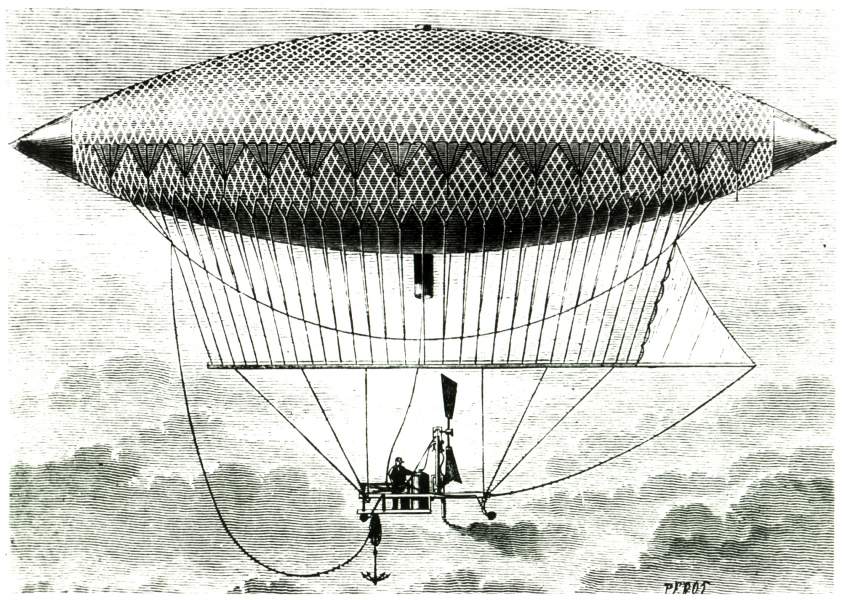 蒸気機関を搭載したアンリ・ジファールの飛行船を描いた木版画