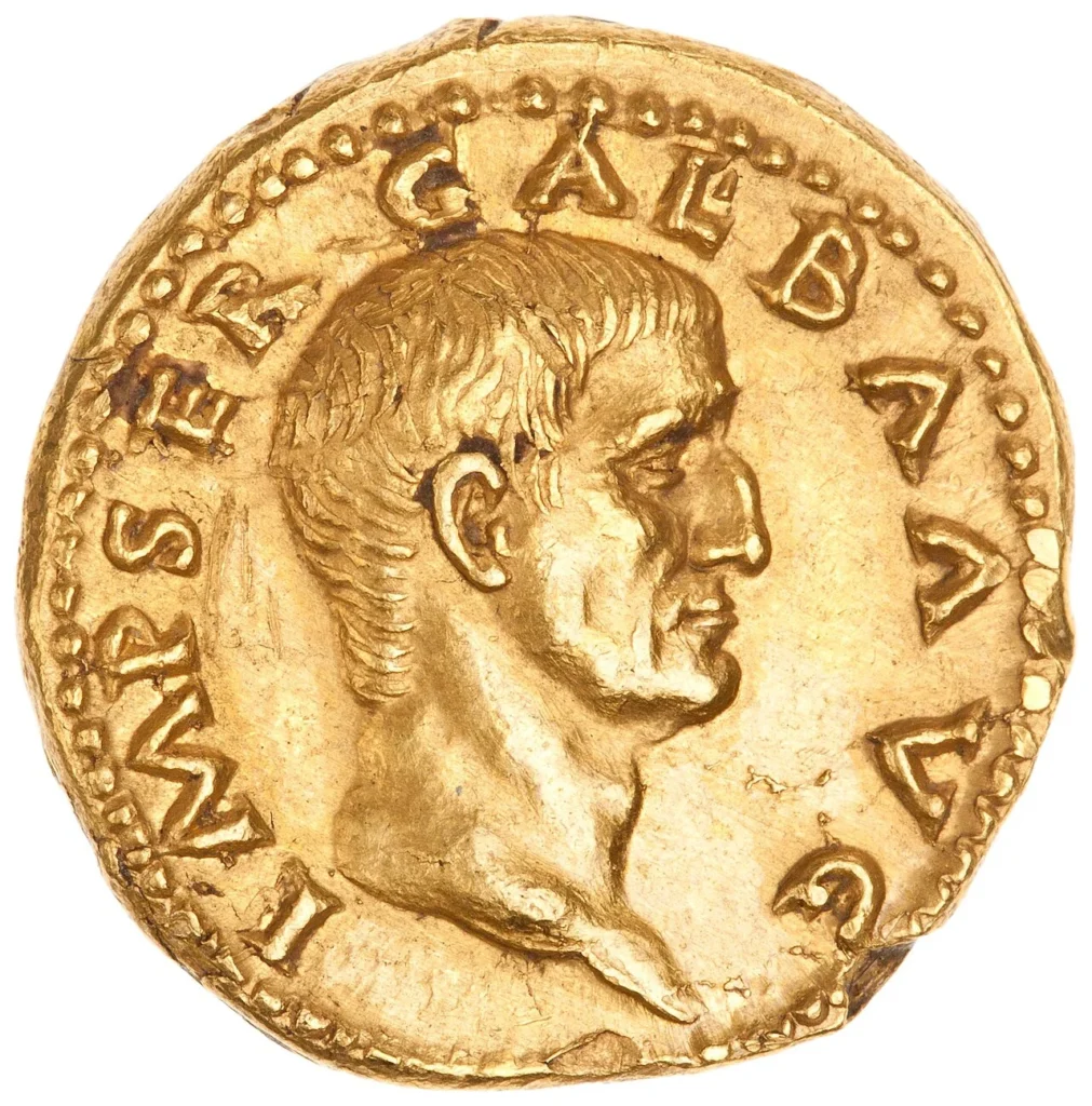 ローマ皇帝ガルバの横顔が刻まれた金貨アウレウス
