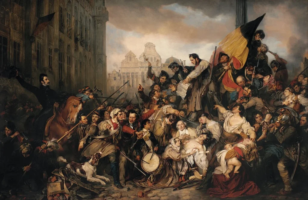 1830年のベルギー独立革命でブリュッセルに集まった人々を描いた絵画