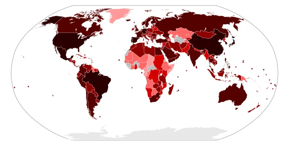 2009年に流行したインフルエンザA型H1N1の感染確認数を国別に示す地図