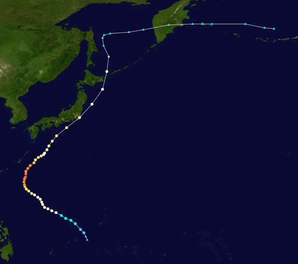 1958年の台風ヘレンの進路図