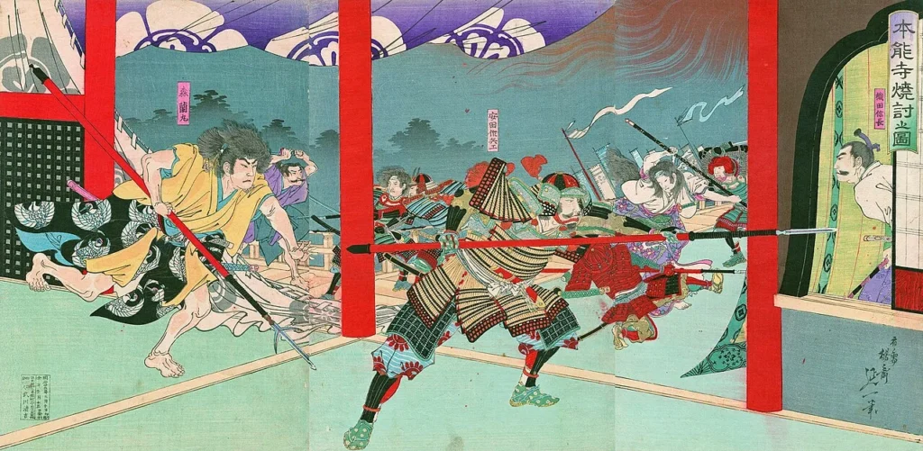 炎上する本能寺で戦う織田信長らを描いた錦絵