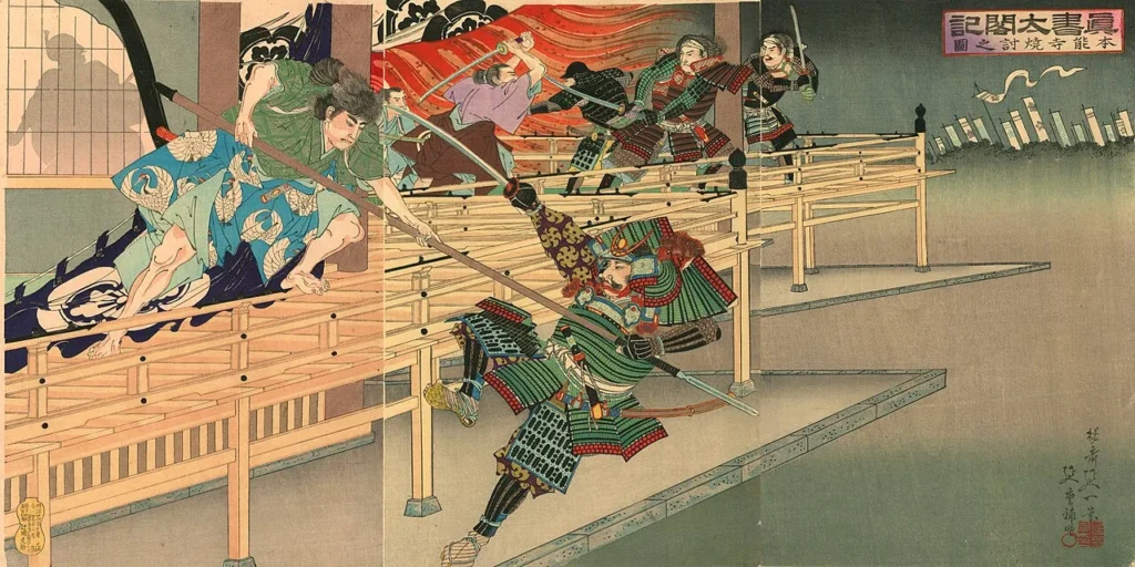 炎に包まれた本能寺で戦う織田信長らを描いた錦絵