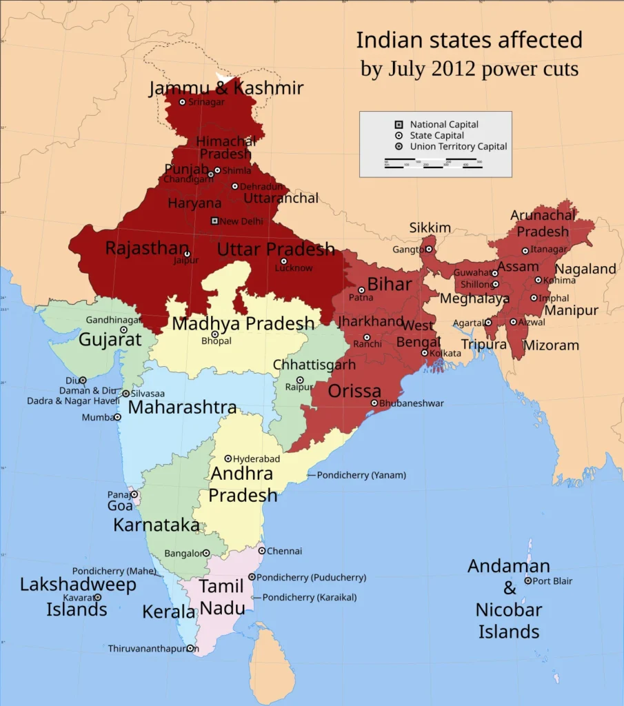 2012年7月30日と31日の大停電で影響を受けたインド各州を示す地図