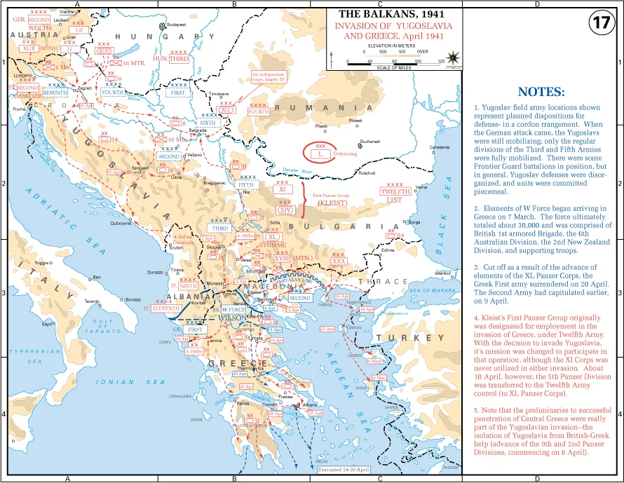 1941年4月のユーゴスラビアとギリシャへの侵攻を示す地図