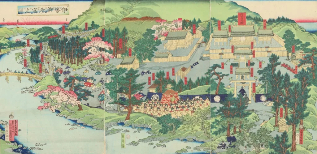 鳳輦で伊勢神宮を参拝する明治天皇を描いた浮世絵
