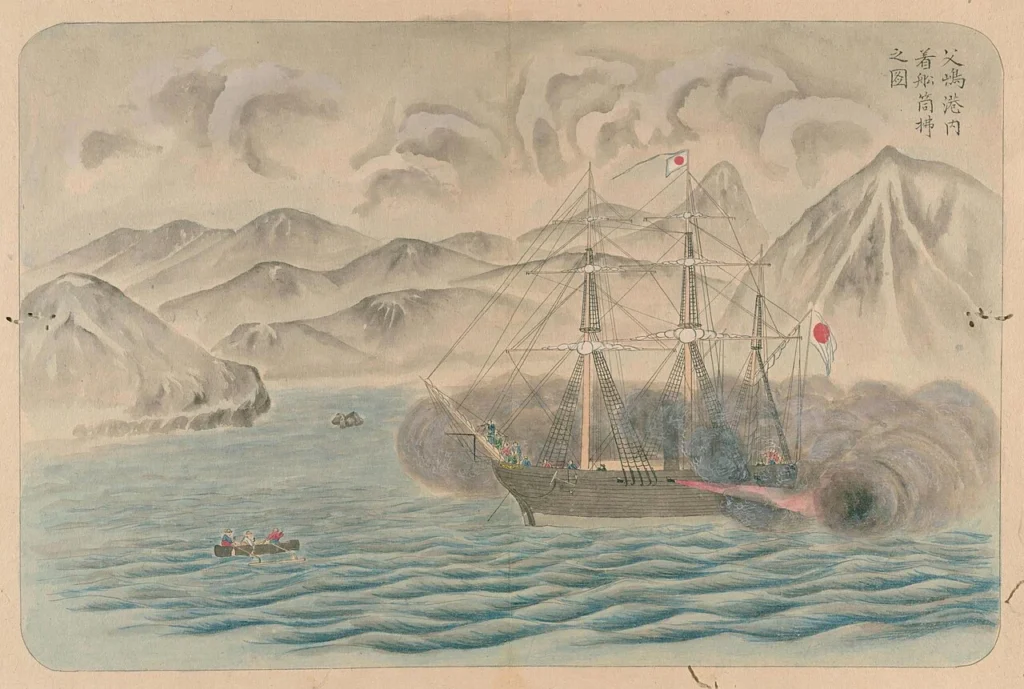 帆と煙突を備えた軍艦・咸臨丸を描いた絵