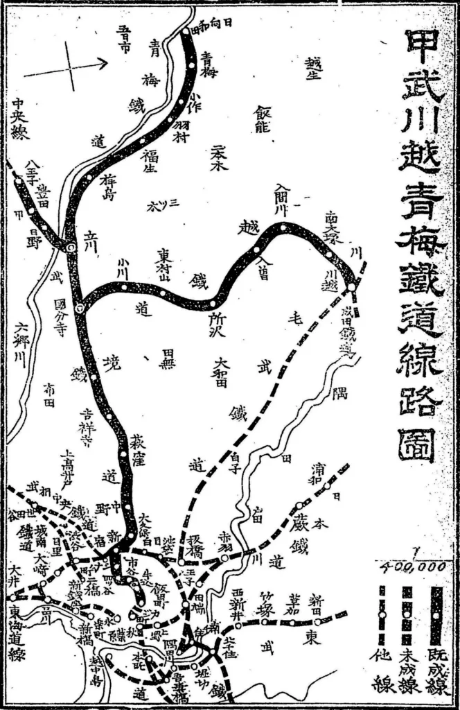 1903年の甲武鉄道・川越鉄道・青梅鉄道の路線図