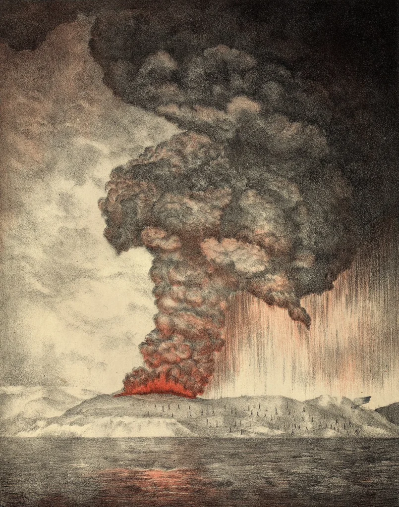 1883年のクラカタウ火山大噴火を描いたリトグラフ