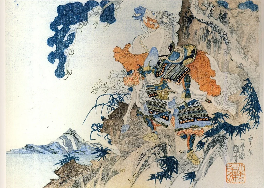 馬を背負って崖を下る畠山重忠を描いた浮世絵