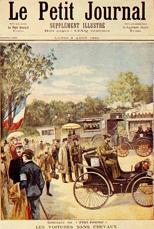 1894年のパリ・ルーアン自動車競走の出発風景を描いた新聞画
