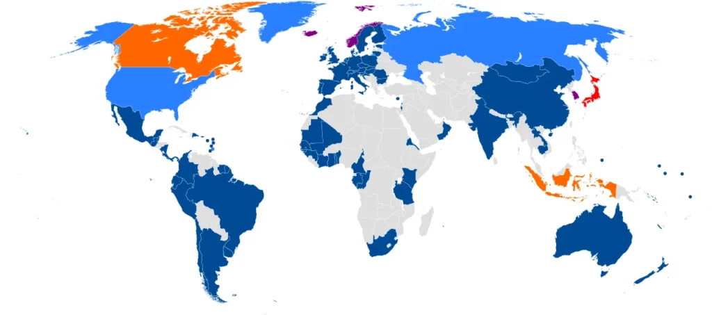 世界各国における商業捕鯨の法的状況を示した地図
