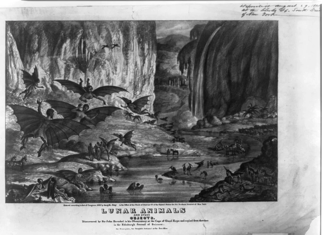 月に翼のある人間や一角獣がいるとする1835年の版画