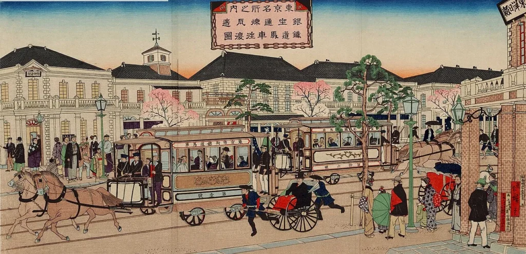 銀座通りを往復する鉄道馬車を描いた錦絵