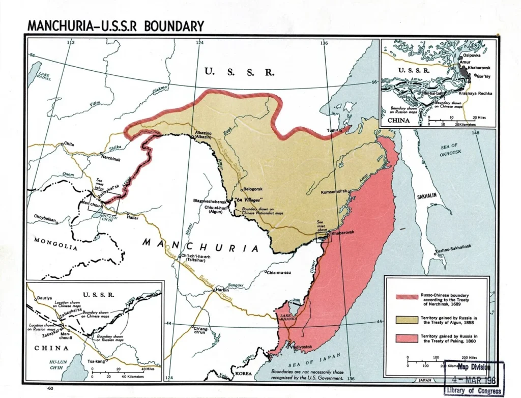 アイグン条約などによる清とロシアの国境変化を示した地図