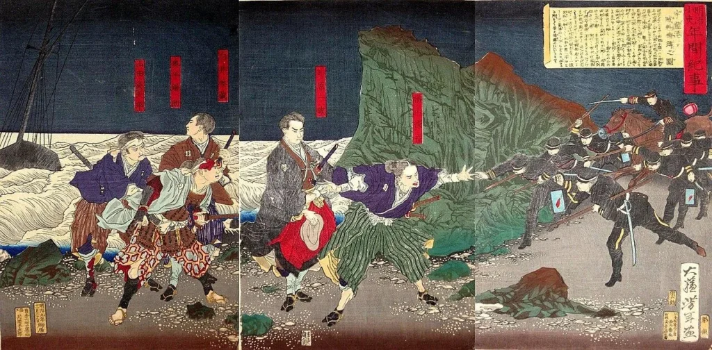 萩の乱を率いた前原一誠が宇龍港で捕縛される場面を描いた錦絵