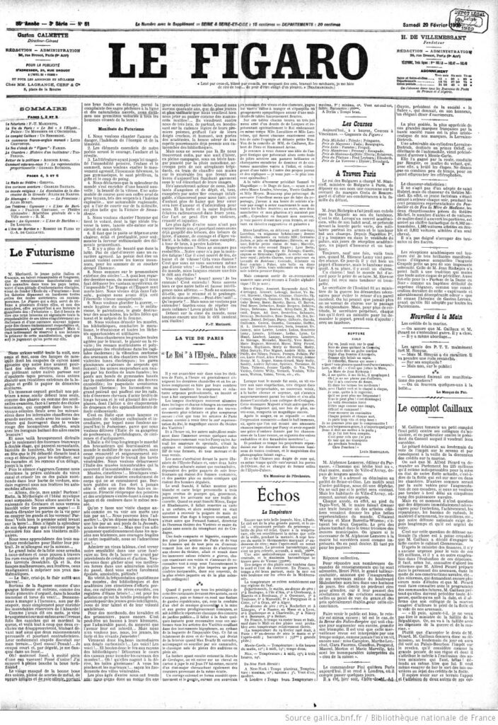1909年2月20日のフィガロ紙に掲載された未来派宣言