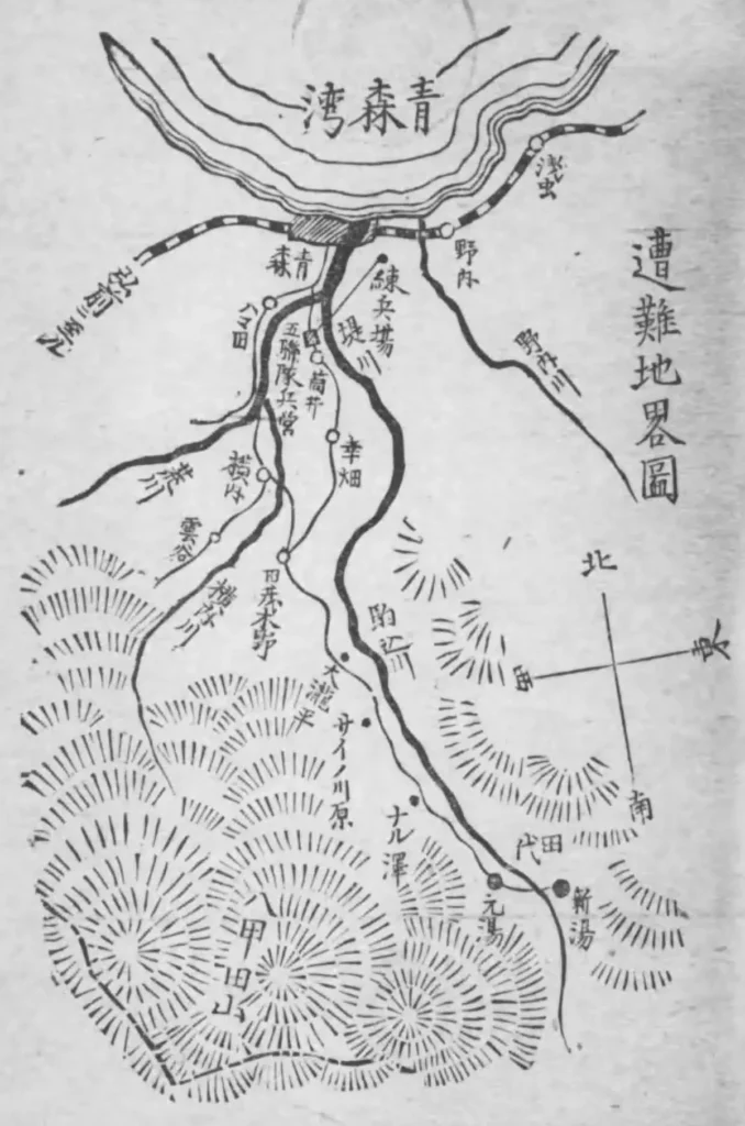 八甲田山雪中行軍遭難事件の経路などを示した地図