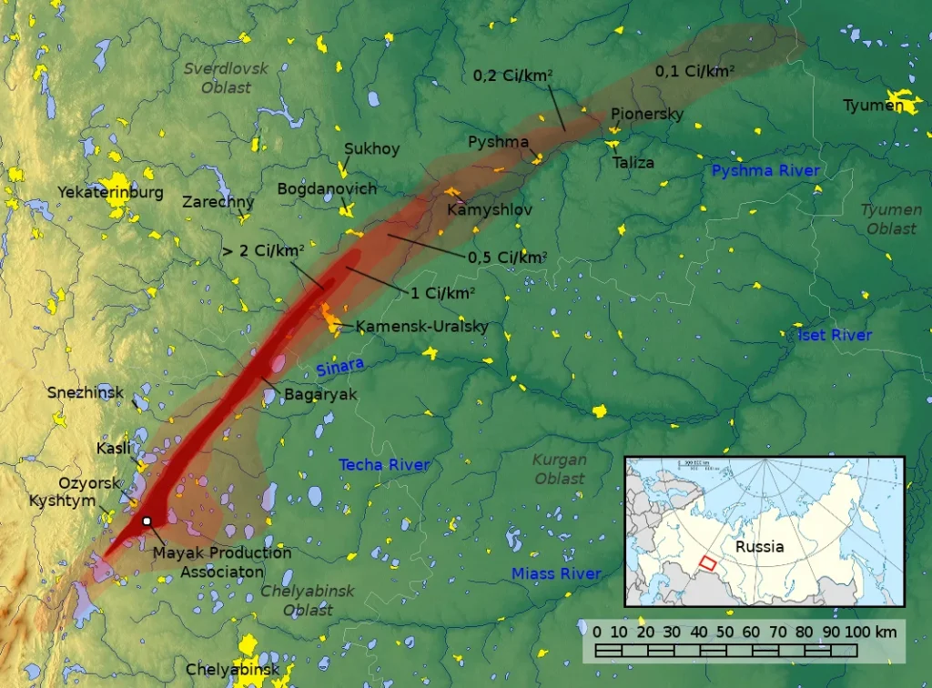 キシュテム事故による東ウラル放射能汚染地域を示した地図