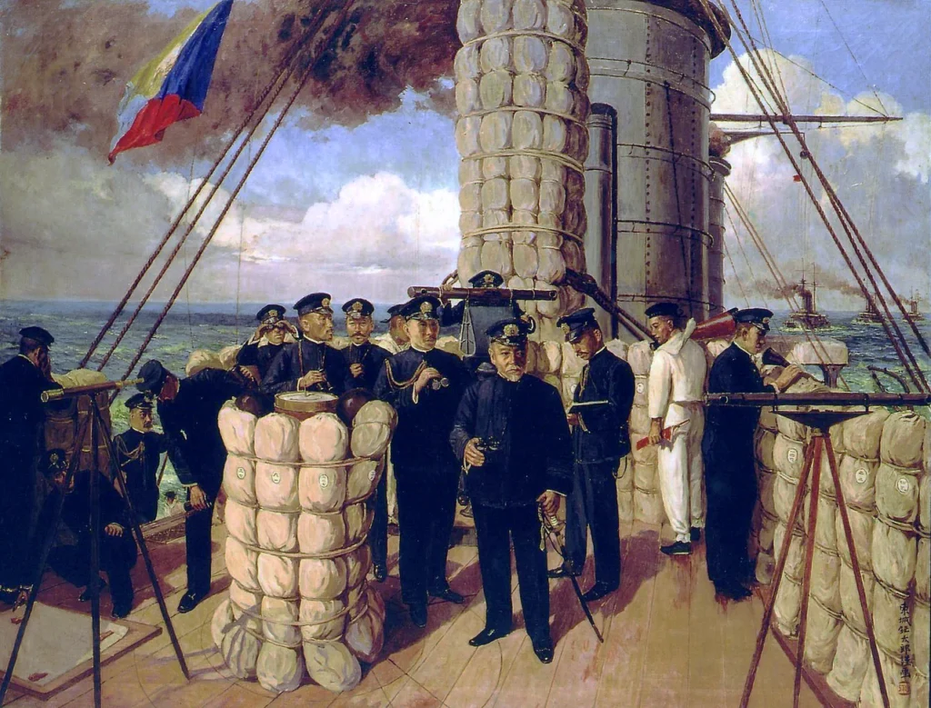 日本海海戦で戦艦三笠の艦橋に立つ東郷平八郎らを描いた絵画
