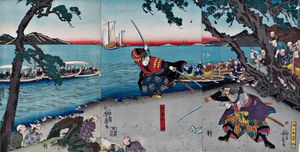 宮本武蔵と佐々木小次郎の巌流島での決闘を描いた浮世絵